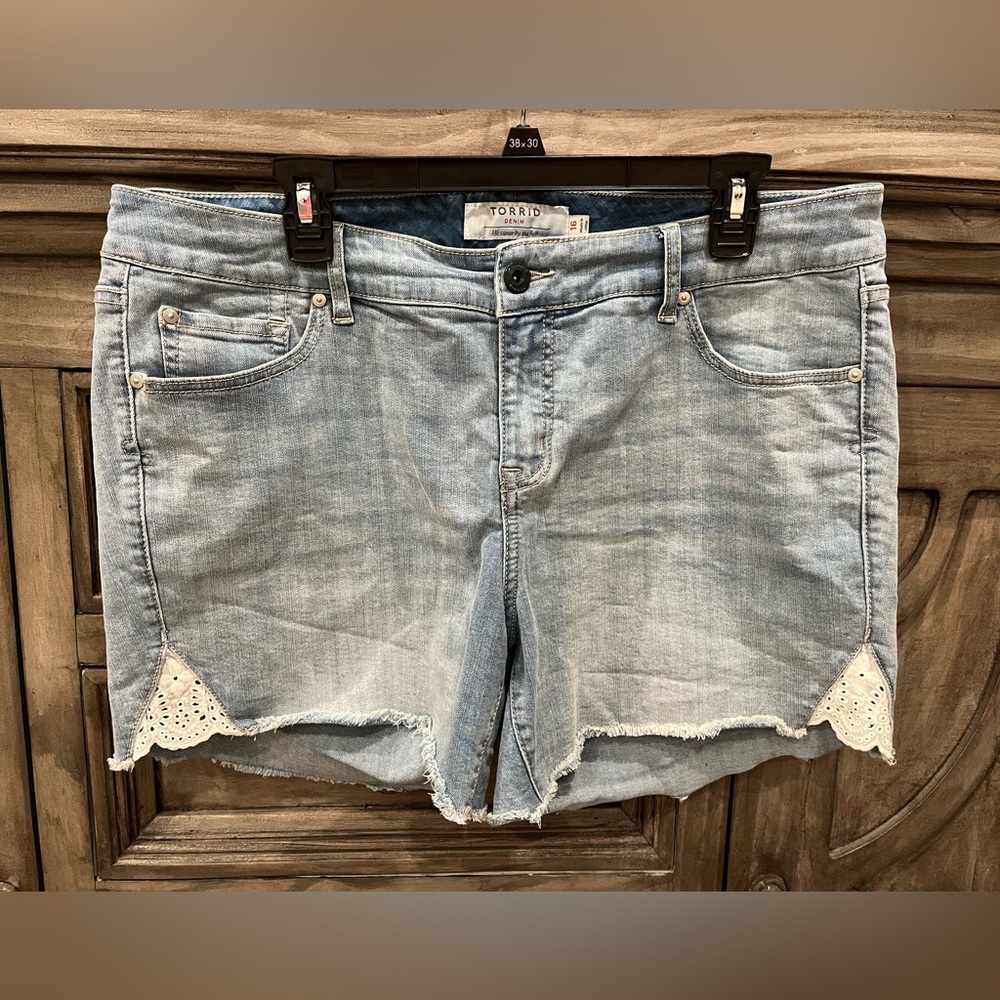 Torrid Light Blue Jean Shorts with White Lace Accents